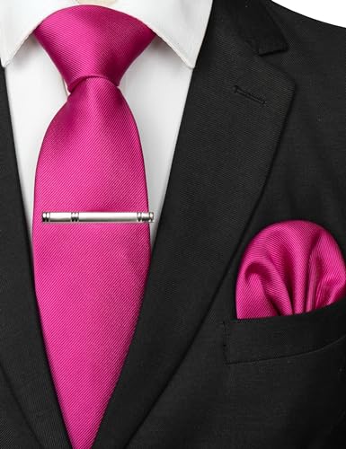 JEMYGINS Solid Color Formal Necktie and Pocket Square Tie Clip Sets for Men - color: Hot Pink