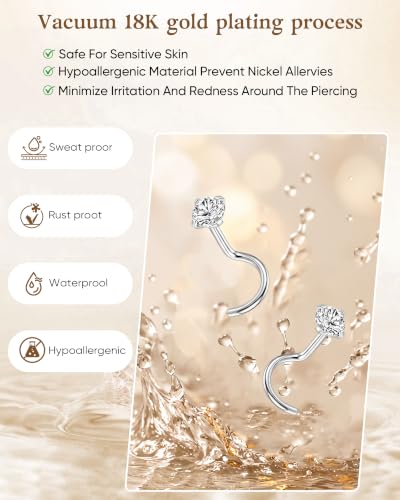 8Pcs 20G Gold/Silver 316L Surgical Stainless Steel L Shaped Corkscrew Nose Studs earrings, Hypoallergenic Nickel Free Tiny Clear Cubic Zirconia Nose Piercing Jewelry 2mm‑4mm,cartilage piercings, Minimalist Dainty Body Piercing Accessories for Sensitive Sk