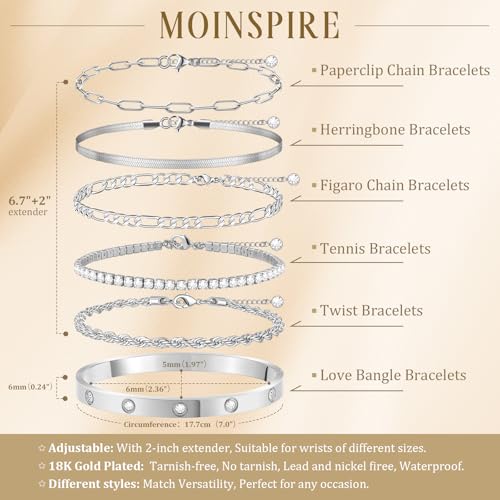 MOINSPIRE Bracelets for Women Non Tarnish, Dainty 18K Gold Plated Bracelets Stack Trendy Waterproof Stackable Bangles, Cuban Link Paperclip Chain Jewelry Set Fashion Accessories Gifts for Women - color: A5-Silver Clip Bead + Bracelet
