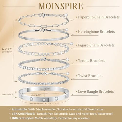 MOINSPIRE Bracelets for Women Non Tarnish, Dainty 18K Gold Plated Bracelets Stack Trendy Waterproof Stackable Bangles, Cuban Link Paperclip Chain Jewelry Set Fashion Accessories Gifts for Women - color: A5-Silver Clip Bead + Bracelet