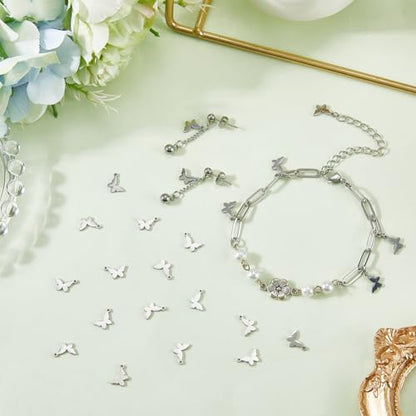 SUNNYCLUE 1 Box 30Pcs Stainless Steel Butterfly Charms Silver Stamping Blanks Metal Engraving Small Insect Cute Animal Dangle Pendants for Jewelry Making Supplies Necklaces Earrings DIY Craftings - color: Silver