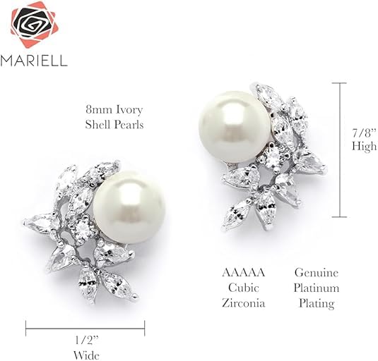 Mariell Pearl & Marquise CZ Crystal Wedding Earrings for Bride, Bridesmaids & Mother of the Bride - color: Silver Clip On