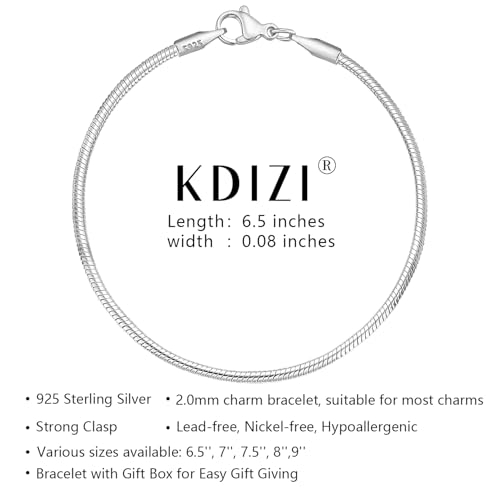 Charm Bracelet 925 Sterling Silver Bracelets for Women 2mm Dainty Snake Chain Bracelet Jewelry Gifts for Her - size: 6.5 inches