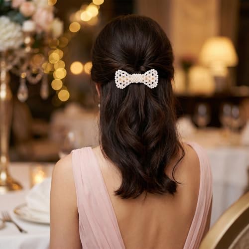 Hair Clips for Women, Faux Pearl Bow Barrette with Metal Spring Grip, 1 Piece Bowknot Style for Daily Wear, Work Events, and Photo Outfits