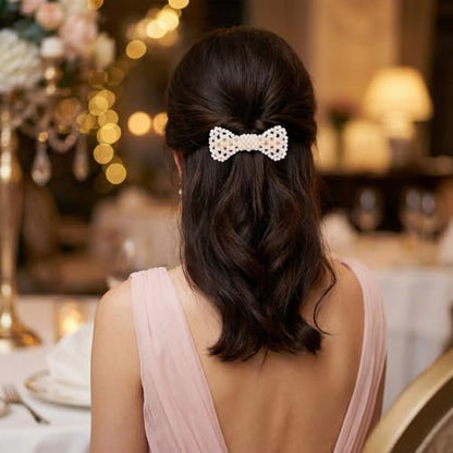 Hair Clips for Women, Faux Pearl Bow Barrette with Metal Spring Grip, 1 Piece Bowknot Style for Daily Wear, Work Events, and Photo Outfits