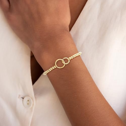 Beaded Bracelets for Women 14K Silver Gold Plated Stretch Handmade Ball Bracelets Cute Charm Bracelet Dainty Stackable Cross Heart Bow Wave CZ Circle Trendy Jewelry Easter Gifts - color: double-circle
