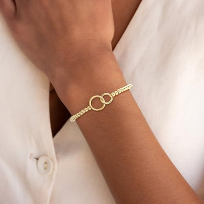 Beaded Bracelets for Women 14K Silver Gold Plated Stretch Handmade Ball Bracelets Cute Charm Bracelet Dainty Stackable Cross Heart Bow Wave CZ Circle Trendy Jewelry Easter Gifts - color: double-circle