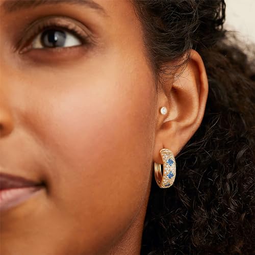 Dremmy Studios Dainty CZ Huggie Hoop Earrings 14K Gold Plated Chunky Simple Cute Thick Round Frill Bead Ball Starburst Cuff Earrings Cubic Zirconia Hoop Earrings Minimalist Personalized Gift for Her - color: Blue & White Hoops