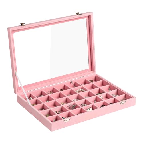 Frebeauty 35 Grid Earring Organizer,Velvet Jewelry Tray with Clear Lid | Drawer Jewelry Organizer for Rings Studs Beads,Adjustable Dividers,Dustproof Design,Earring Storage,Trinket Box,13.8×9.5Inch - color: Pink, size: 35 Grid