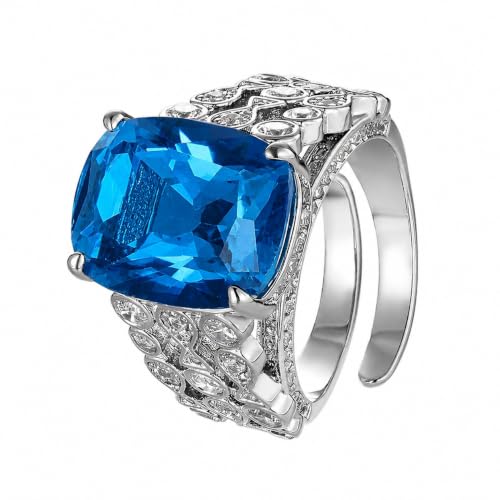 Cushion Cut Gem Cocktail Open Ring For Women, 2 Colors Ruby Sapphire Honeycomb Hollow Full Pave Crystal Formal Statement Ring - color: blue