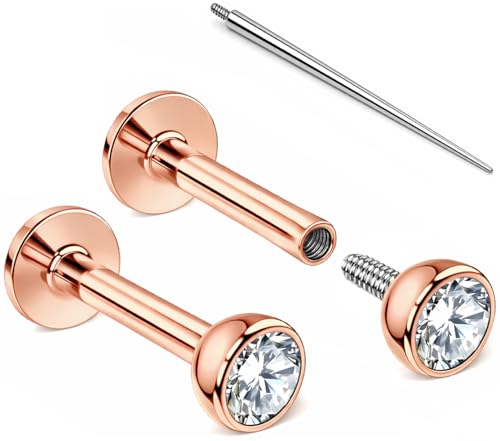 Internal Thread Earrings Flat Back Studs for Nose, Helix, Cartilage, Tragus, Conch, Labret, Medusa, Monroe, Lip Piercing Jewelry for Women - 316LVM Surgical Steel, AAAAA Cubic Zirconia (2pcs + Taper) - color: Rosegold, size: 18G - 8mm - 3.0mm CZ