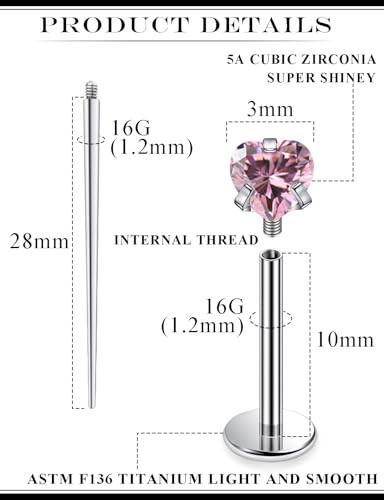 20G 18G 16G Astm F136 Titanium Internal Thread Flat Back Earrings Nose Studs Tragus Helix Conch Cartilage Lobe Earrings Medusa Labret Snake Bite Monroe Lip Ring Piercing Jewelry For Women Men - color: Pink, size: 16G-10MM Bar-CZ 3MM