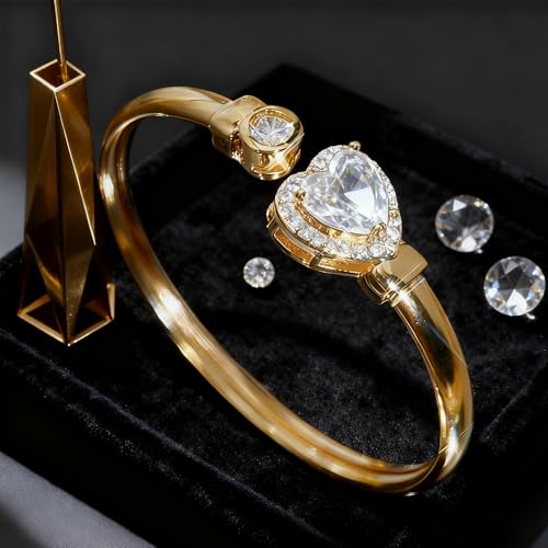 Gold Bracelets For Women, Emerald Sapphire Cuff Bracelet 14k Gold Plated With Simulated Diamond Trendy Open Bangle Gifts For Mom Gifts For Her - color: White Heart Gold