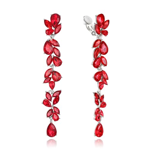 Crysdue Clip On Earrings for Women Rhinestone Crystal Teardrop Cluster Wedding Bridal Non Pierced Long Dangle Earring for Prom Party - color: Red Silver-Tone