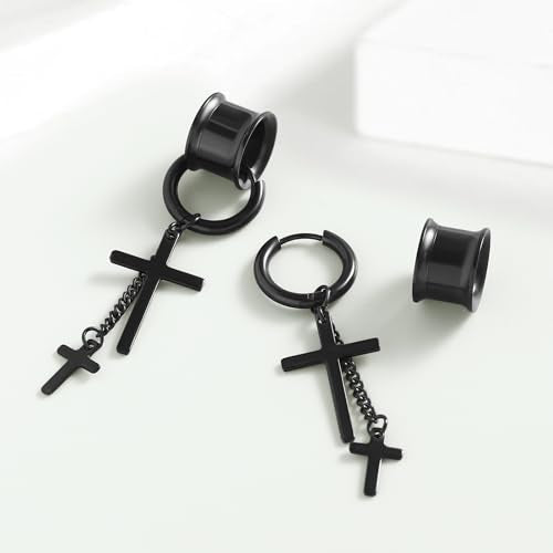 Aienid 2 Pcs Stainless Steel Dangle Gauges, 6mm-20mm Ear Tunnels Expander Plugs Stretcher Piercing Body Jewelry for Men Women - color: Cross, size: 18mm (11/16")