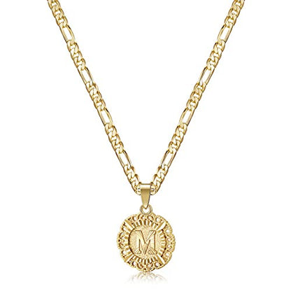 KissYan Initial Necklaces for Women, 14K Gold Plated Round Letter Pendant Capital Monogram Necklace Alphabets from A-Z Figaro Chain Jewelry - color: Gold, style: M