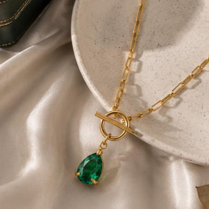 Teardrop CZ Pendant Paperclip Chain Necklace 18K Plated Paperclip Toggle Necklace Jewelry Birthstone Gift for Women - color: Emerald-May