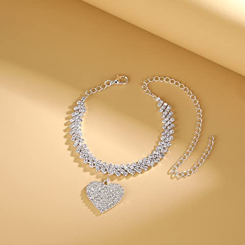 Fesciory Heart Rhinestone Ankle Bracelets for Women, Adjustable Silver Plated Shiny Tennis Anklets, Twinkle Cubic Zircon Imitation Diamond Anklet Foot Chain Jewelry Gifts - color: Thick Heart