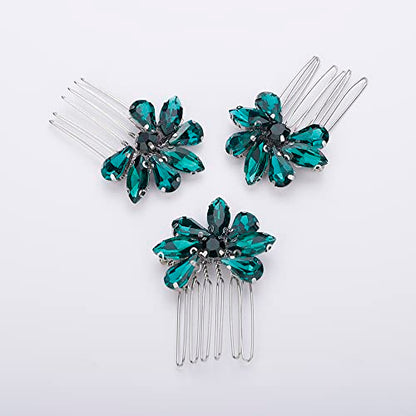 Teyglen Simple Rhinestones Crystal Bride Wedding Hair Comb Set Handmade Red Green Black Crystal Side Hair Combs Bridal Hair Jewelry Set for Women Bride Girls (Malachite Green) - color: Malachite Green