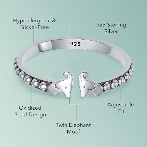 LeCalla 925 Sterling Silver Antique Beaded Toe Rings for Women | Lucky Two Elephant Toe-Ring | Minimalist Hypoallergenic Adjustable Wide Band Ring Summer Beach Bare Foot Jewelry