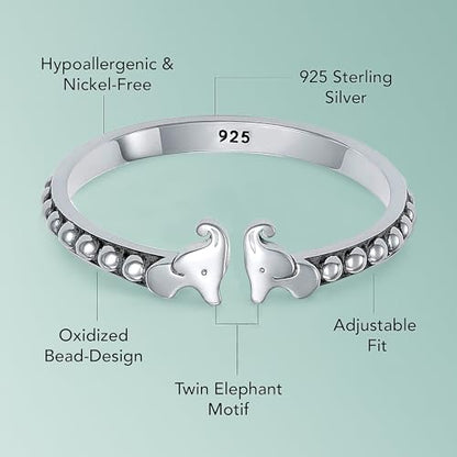 LeCalla 925 Sterling Silver Antique Beaded Toe Rings for Women | Lucky Two Elephant Toe-Ring | Minimalist Hypoallergenic Adjustable Wide Band Ring Summer Beach Bare Foot Jewelry