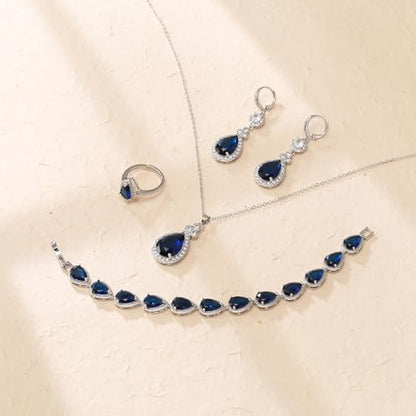 Crysdue Wedding Bridal Teardrop CZ Pendant Necklace Open Ring Dangle Earrings Adjustable Slider Bracelet Jewelry Set, Birthday Mothers Day Christmas Jewellery Gift for Women/Mom/Wife - style: 03-4 pcs Round&Teardrop-Blue Silver-Tone