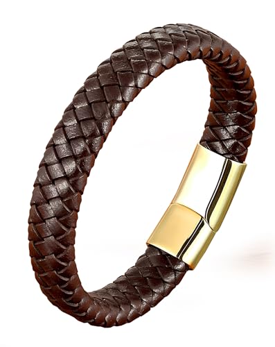 Leather Bracelet for Men, Braided Mens Cuff Bracelets with Stainless Steel Clasp Stacked Multi Style Color Anniversary Father's Day Birthday Christmas Jewelry Gifts for Him - color: Gold Clasp & Brown Leather