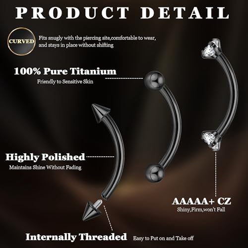 6PCS 16G G23 Titanium Eyebrow Piercing Jewelry for Women Curved Barbell Tiny Eyebrow Ring Vertical Labret Belly Lip Tongue Ring Internally Threaded Rook Tragus Daith Earring 6/8/10mm - color: Black B