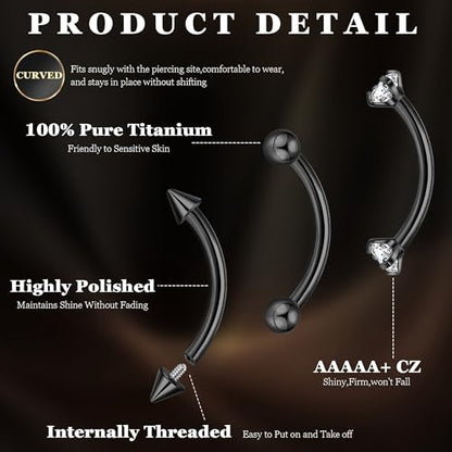 6PCS 16G G23 Titanium Eyebrow Piercing Jewelry for Women Curved Barbell Tiny Eyebrow Ring Vertical Labret Belly Lip Tongue Ring Internally Threaded Rook Tragus Daith Earring 6/8/10mm - color: Black B
