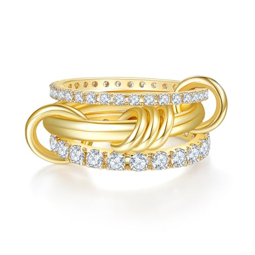 MINDDHA 14K Gold Plated Interlocked Stackable Rings for Women - Statement Multi Ring Stack - Cubic Zirconia Two-Toned Stackable Bands Stacking Jewelry 3 Row Size 4-12 - color: Thin Band&CZ Gold