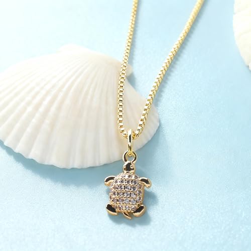 Dainty Gold Necklace for Women, 14K Gold Plated Cubic Zirconia Pendant Necklace, Dainty Fish Sea Turtle Pendant Necklace Ocean Beach Cute Trendy Gold Jewelry Necklaces for Women Gift - style: Sea Turtle