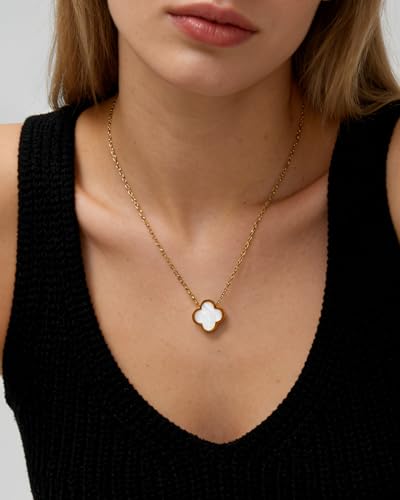 Four Leaf Clover Necklace 18K Gold Plated Necklaces for Women Lucky Flower Pendant Adjustable Link Chain Stainless Steel Dainty Trendy Simple Jewelry Gifts for Women - color: 1G-White+Black+Gold