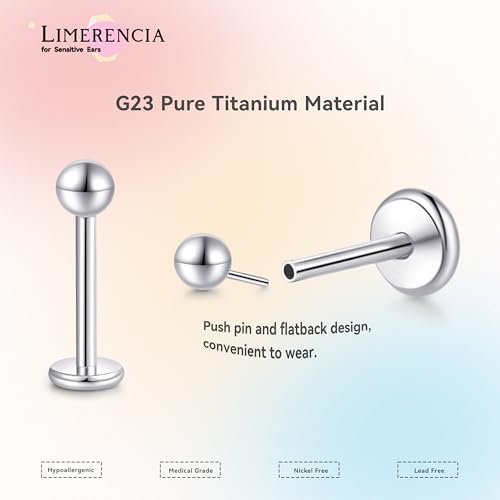 limerencia Titanium Threadless Flat Back Earrings Stud Piercing Jewelry | 20G Press Fit Titanium Push Pop in Cartilage Tragus Labret Lip Medusa Conch Piercing Jewelry Hypoallergenic for Women Men - style: 3MM Ball Silver