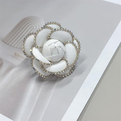 Dainty Crystal Camellia Flower Brooch Pin for Women Rhinestone Fabric 3D Floral Blossom Brooches Lapel Hair Pins Elegant Wedding Anniversary Dress Accessories Jewelry Gift 6.5cm/2.5in - color: White
