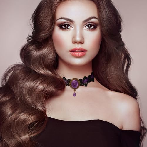 Lace Choker Witch Necklace for Women Halloween Gothic Lace Collar Punk Rhinestone Gothic Necklace Prom Jewelry Halloween Vampire Choker Necklace Costume Emo Witch Accessories - color: Purple