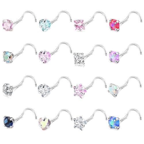 SEEDRILL Nose Rings Studs for Women 16Pcs 20G/18G Nose Studs Hypoallergenic 316L Surgical Steel Nose Piercings Jewelry 3mm CZ & Opal Nose Ring L Shape Nose Stud 20 Gauge Nose Screw Studs - style: 18G/Screw Shape/Colorful CZ