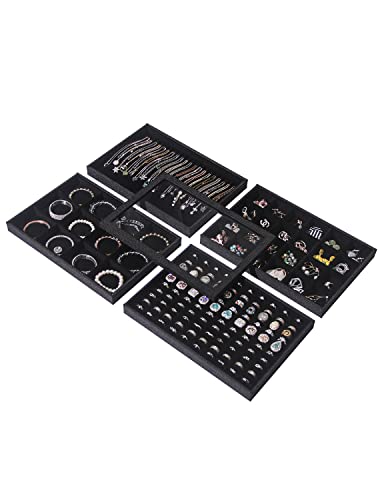 Julysky 5 Pcs/set Stackable Jewelry Organizer Trays with Glass Lid,100 Slots Ring Holder,Bracelet Displays Stand for Selling Necklace Earring Rack - size: 100slot+Necklice+12grid+24grid+glass lid