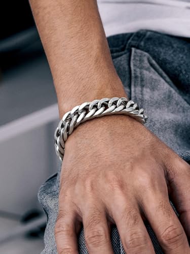 Richsteel Mens Cuban Link Bracelets, Silver/Black/14K Gold Plated Stainless Steel Bracelet for Men 8/12/17mm Width, 7.4/8.2/9 Inch Length Chain Wrist Bracelets With Gifts Box - style: 04-Steel 12mm Width