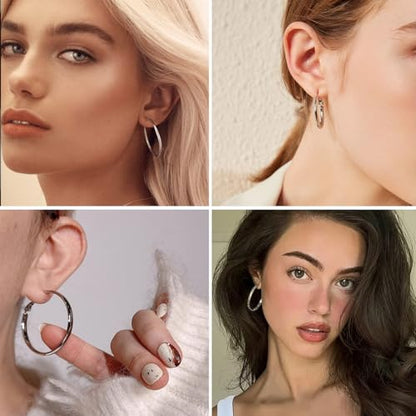 4 Pairs Silver Gold Hoop Earrings for Women | 14K Gold Plated Hoop Earrings Set Hypoallergenic Earring Lightweight Dangle Earrings Set - color: 4 Pairs Silver-(4mm Wide & Thin)