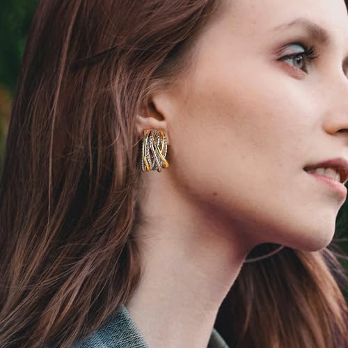 Mytys Two Tone Huggie Hoop Earrings Cross Over Design Twisted Rope Silver Gold Statement Wide Band Clip On Hoops for Women Fashion Jewelry Gift - color: Gold & Silver