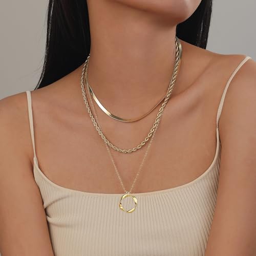 Evabelle Gold Layered Necklace for Women Trendy Jewelry 14K Real Gold Plated Chunky Chain Stackable Necklaces Dainty Choker Necklaces Rectangle Square Pendant - color: Gold Necklace 03