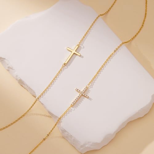 Poxtex Cross Necklace for Women Teen Girls, Dainty 14K Gold Silver Plated Cross Choker Jewelry Non Tarnish Waterproof Cute Simple Small Necklace Christian Baptism Religious Faith Jewelry Gifts - color: 05 Sideway Cross Necklace- CZS