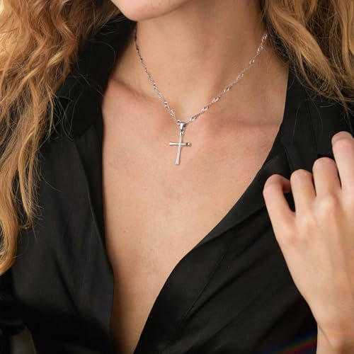Small Cross Pendant Necklace for Women, 18" + 2" Wave Chain Stainless Steel - color: Silver