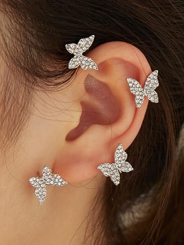 2Pcs Butterfly Ear Cuffs Rhinestone Clip On Earrings | Rhinestone butterfly ear cuffs with non piercing clip on design; silver ear wrap climber jewelry for parties and weddings - style: Style B Silver