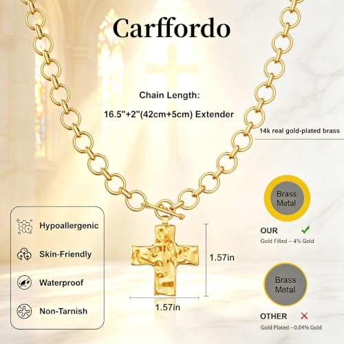 Carffordo Gold Cross Necklaces for Women, Chunky 14K Gold Plated Necklace | Statement Cross Pendant Necklace with Toggle Clasp, Hypoallergenic Waterproof Bold Chain, Trendy Charm Jewelry Gift for Her - color: dainty gold cross