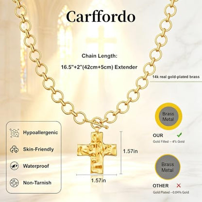 Carffordo Gold Cross Necklaces for Women, Chunky 14K Gold Plated Necklace | Statement Cross Pendant Necklace with Toggle Clasp, Hypoallergenic Waterproof Bold Chain, Trendy Charm Jewelry Gift for Her - color: dainty gold cross