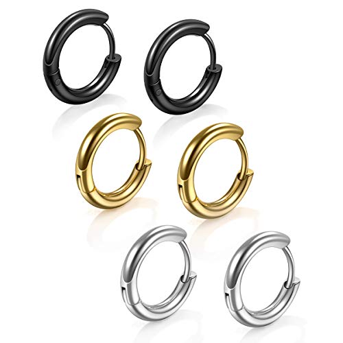 Stainless Steel Hoop Earrings for Men - Hinged Hoop Huggie Piercing Earrings Set For Men Women, Hypoallergenic Lobes Small Round Earrings - color: 3 Color Inner Diameter 0.39" (10MM)
