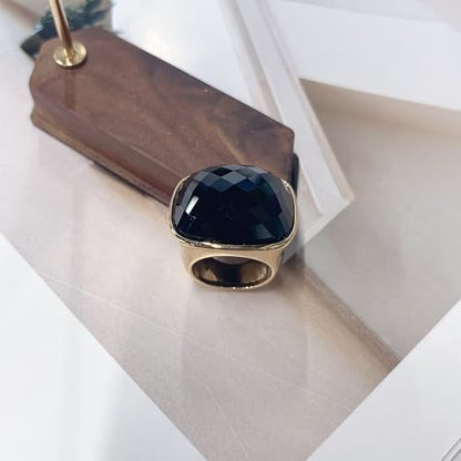 Chunky Square Crystal Glass Stainless Steel Statement Ring for Women Men Gold-Tone Plated Exaggerated Large Geometric Green Cubic Zirconia Finger Band Knuckle Rings Cocktail Prom Fashion Jewelry - color: Black