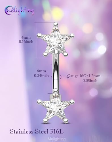 Melighting 16G Gold Star Rook Piercing Bar, 6/8 mm Rook Earring with Clear CZ, 316L Stainless Steel Stylish Eyebrow Lobe Piercing Jewellery for Daily Wear Women - color: Steel, size: 16G6mm