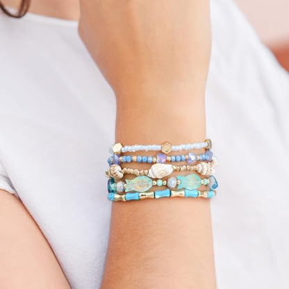 Dainty Gold Plated Pearl Crystal Beaded Bracelets Set for Women 14K Gold Plated Bead Pearl Beads Bracelet Stackable Paperclip Link Chain Bracelets Gold Plated Bracelets for Women Trendy Jewelry - color: Style6 Blue